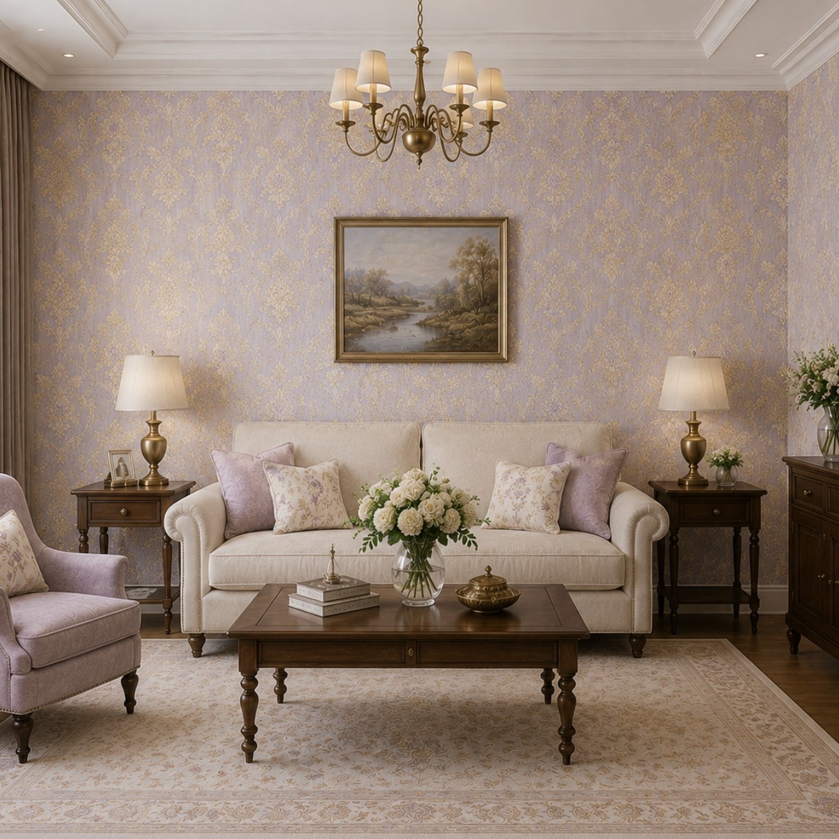 Lila Gold Klasik Damask Motifli Duvar Kağıdı 8529-6