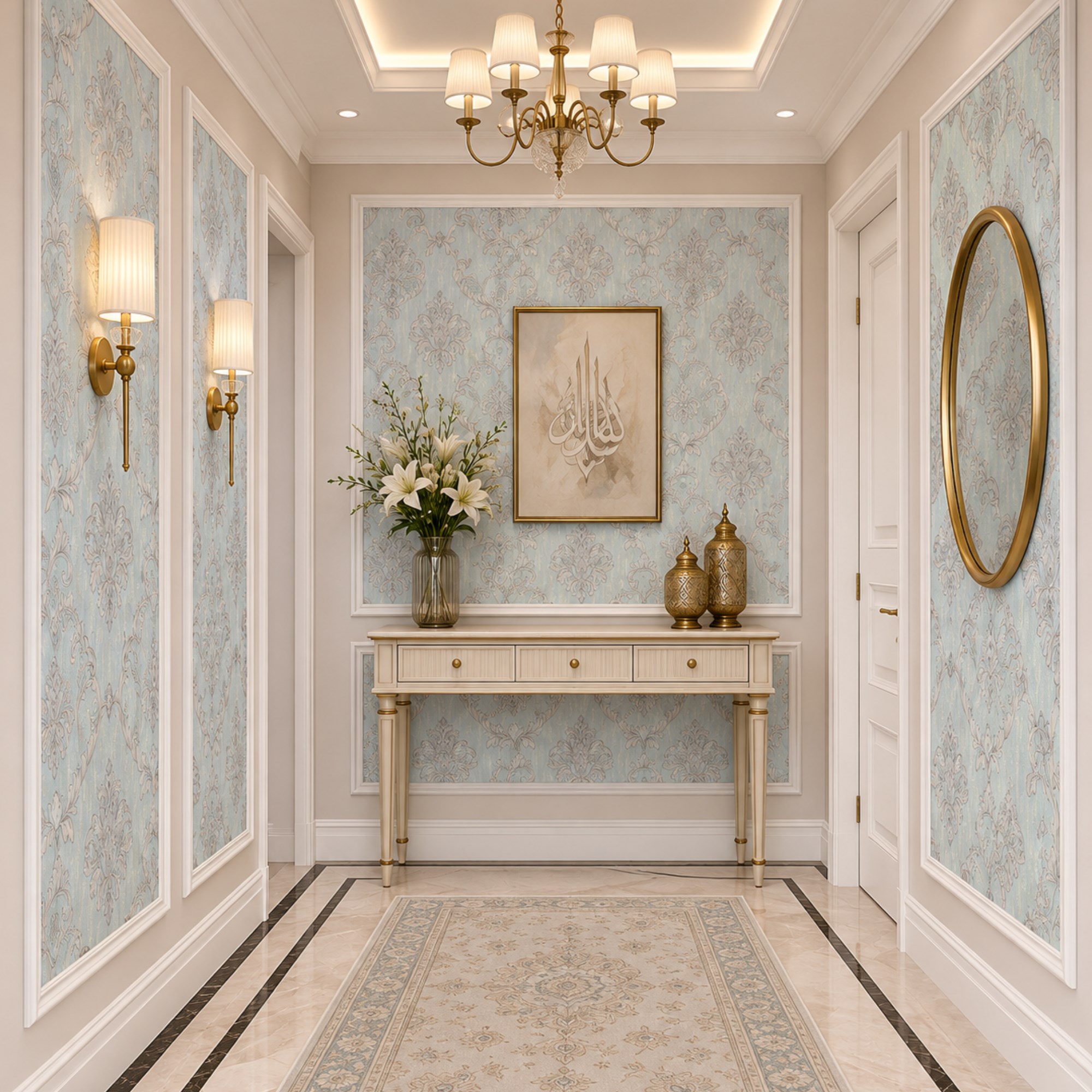 Su Yeşili Krem Klasik Damask Motifli Duvar Kağıdı 8529-7