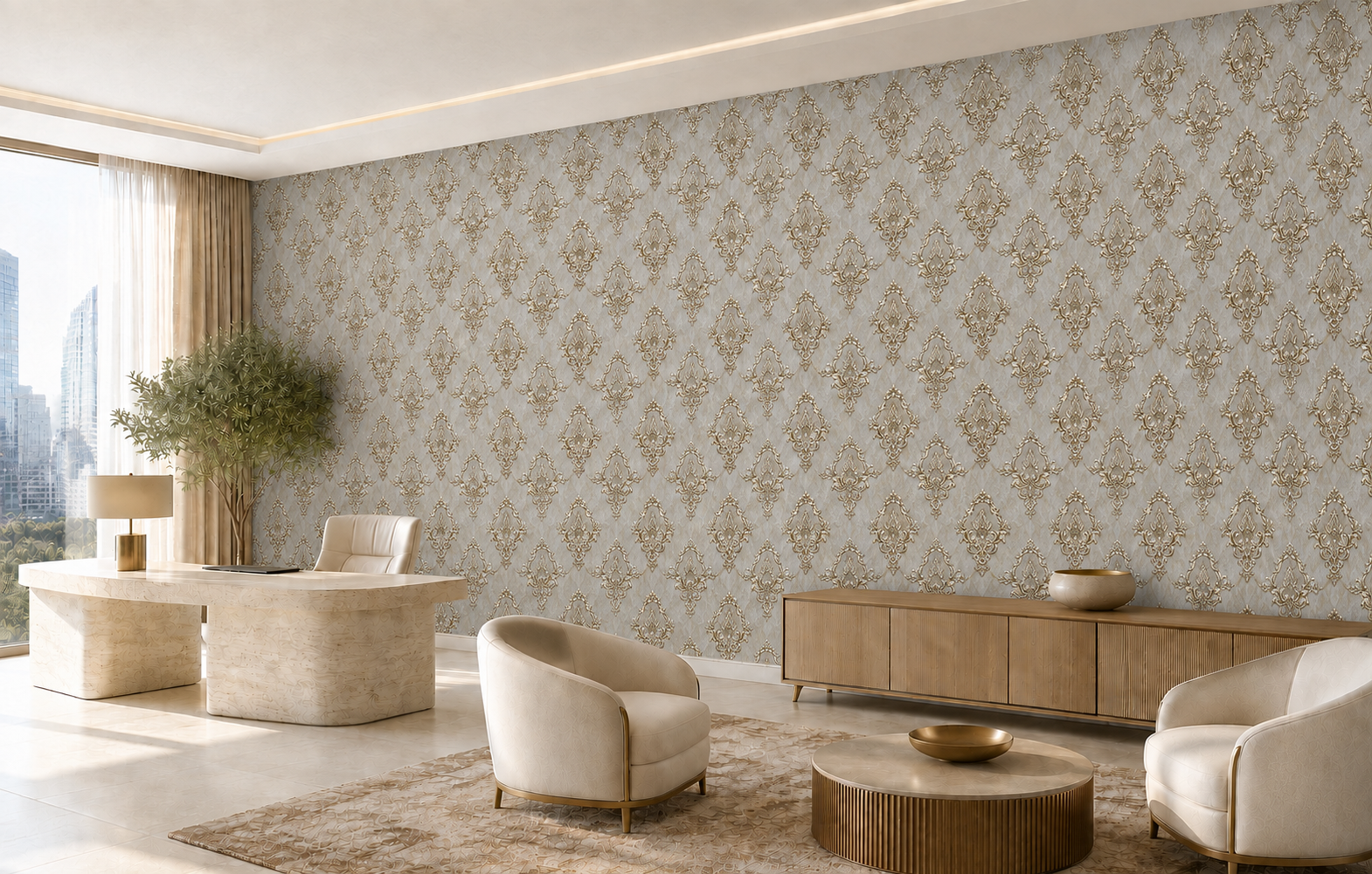 Vizon Gri Zeminli Altın Gold Damask Desenli Duvar Kağıdı 22012-4
