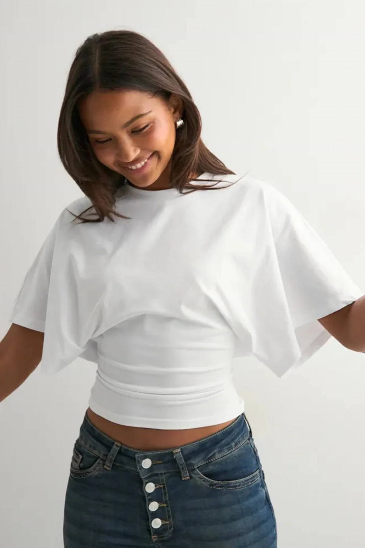Kadın Crop Bluz-Belden Oturtmalı Oversize Yarasa Kol Günlük ve Şık Tasarım