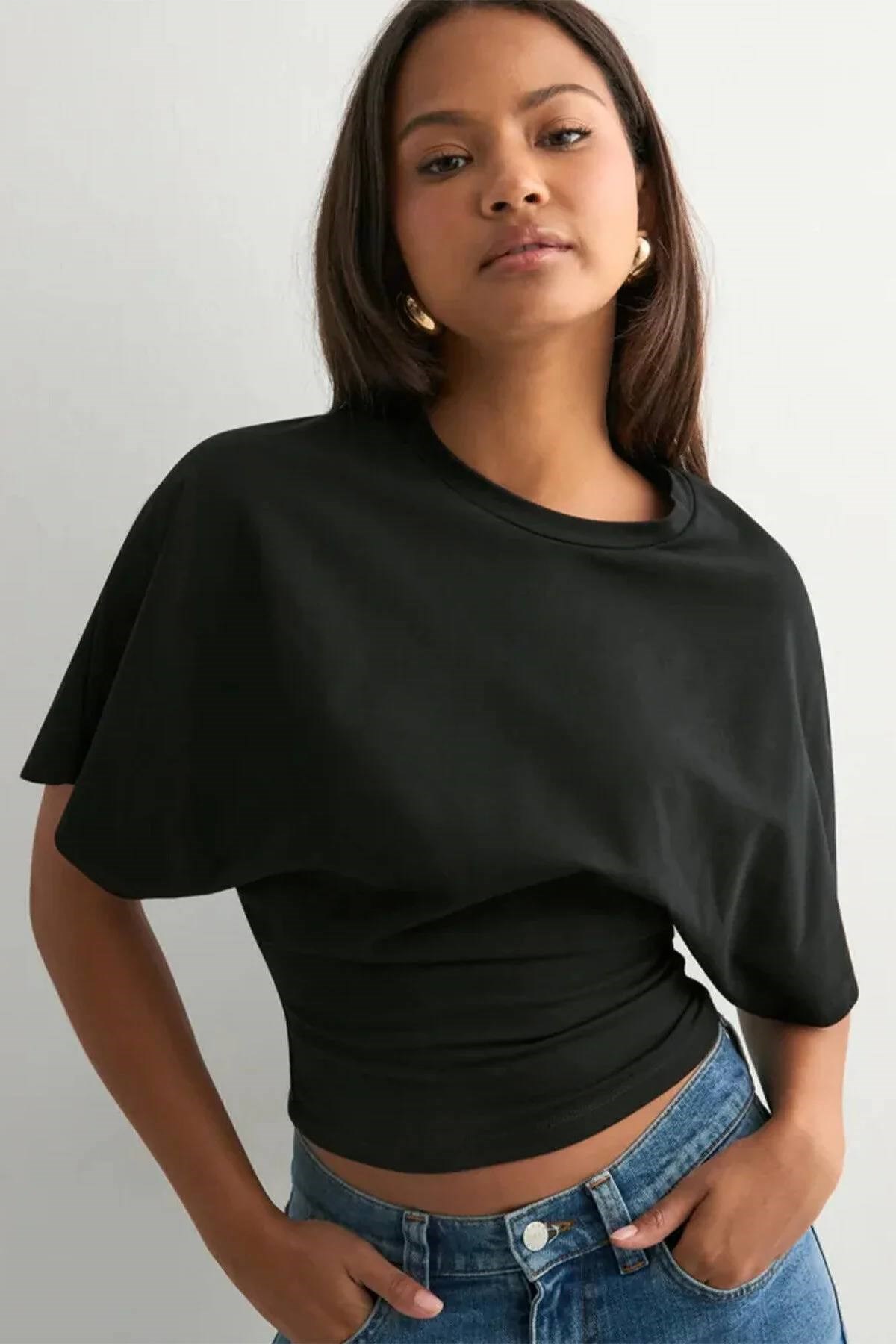 Kadın Crop Bluz-Belden Oturtmalı Oversize Yarasa Kol Günlük ve Şık Tasarım