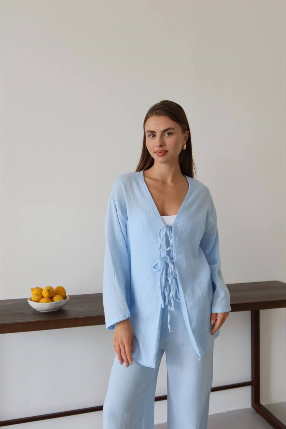 Kadın Müslin Kumaş Bağlama Detaylı Oversize Alt Üst Takım