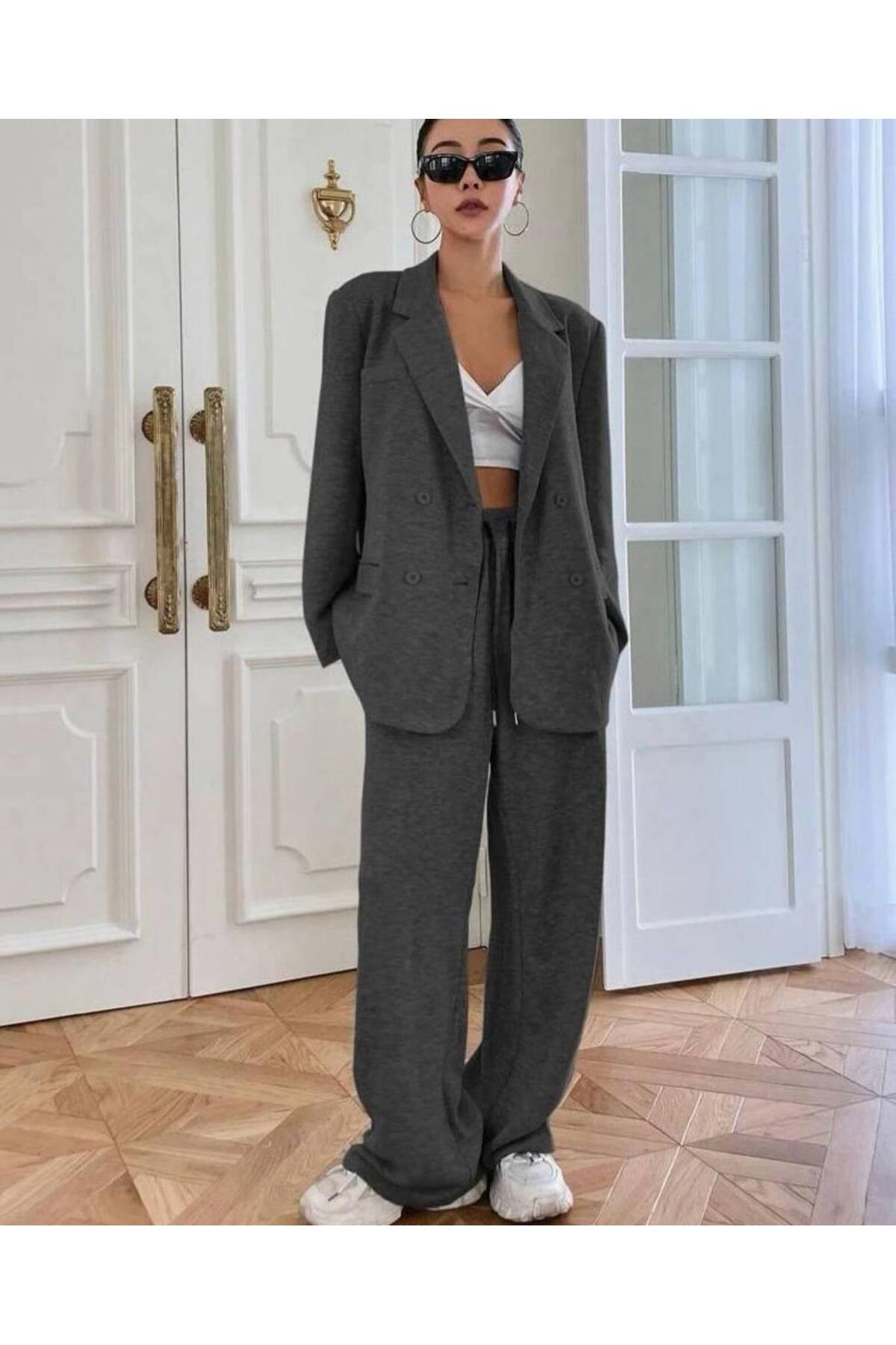 Kadın Oversize Blazer Ceketli Rahat Gri Eşofman Takım