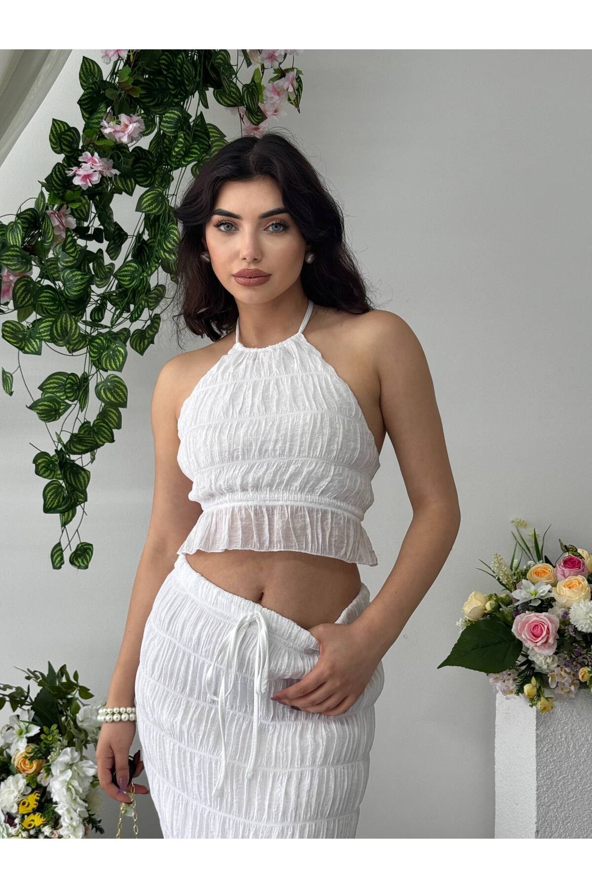 MAY REM Kadın Yazlık Beyaz Halter Yaka Maxi Etek Takım