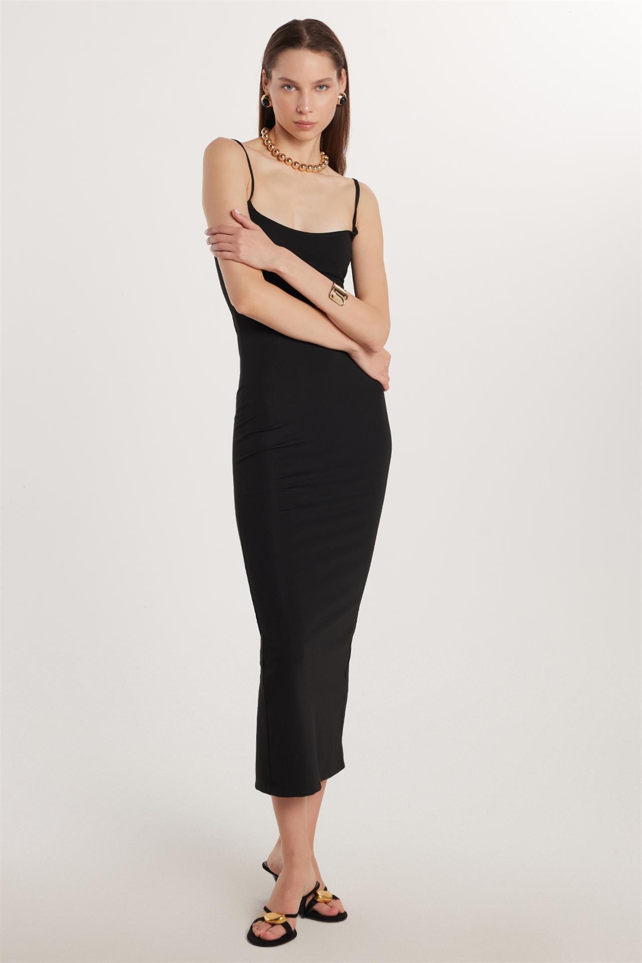 Kadın Slim Fit Dar Kesim İnce Askılı Kare Yaka Siyah Elbise