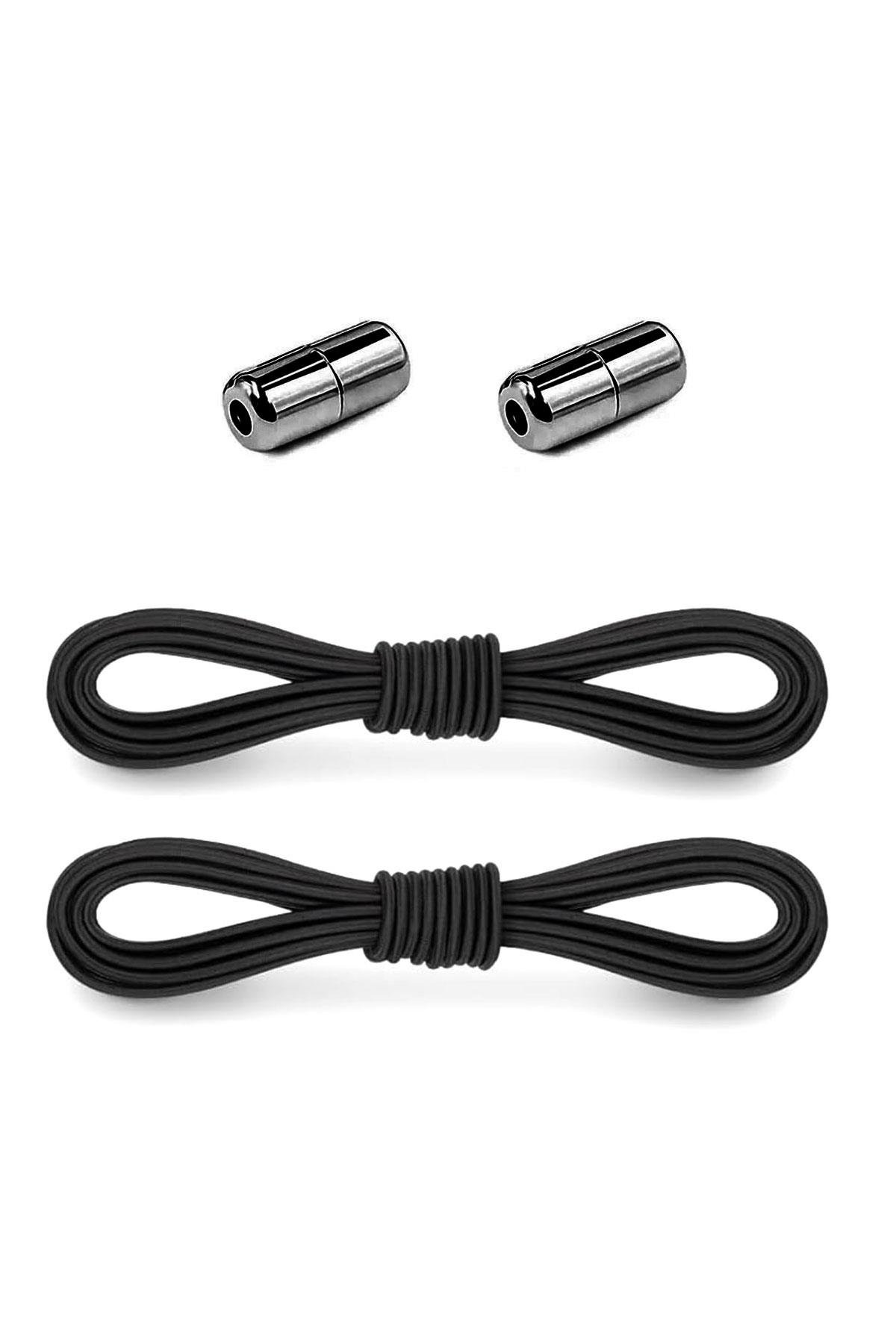 Ayarlanabilir 1 Çift Siyah Vidalı Kapsül Uçlu Yuvarlak Lastik Pratik Bağcık BGCK-0008-S