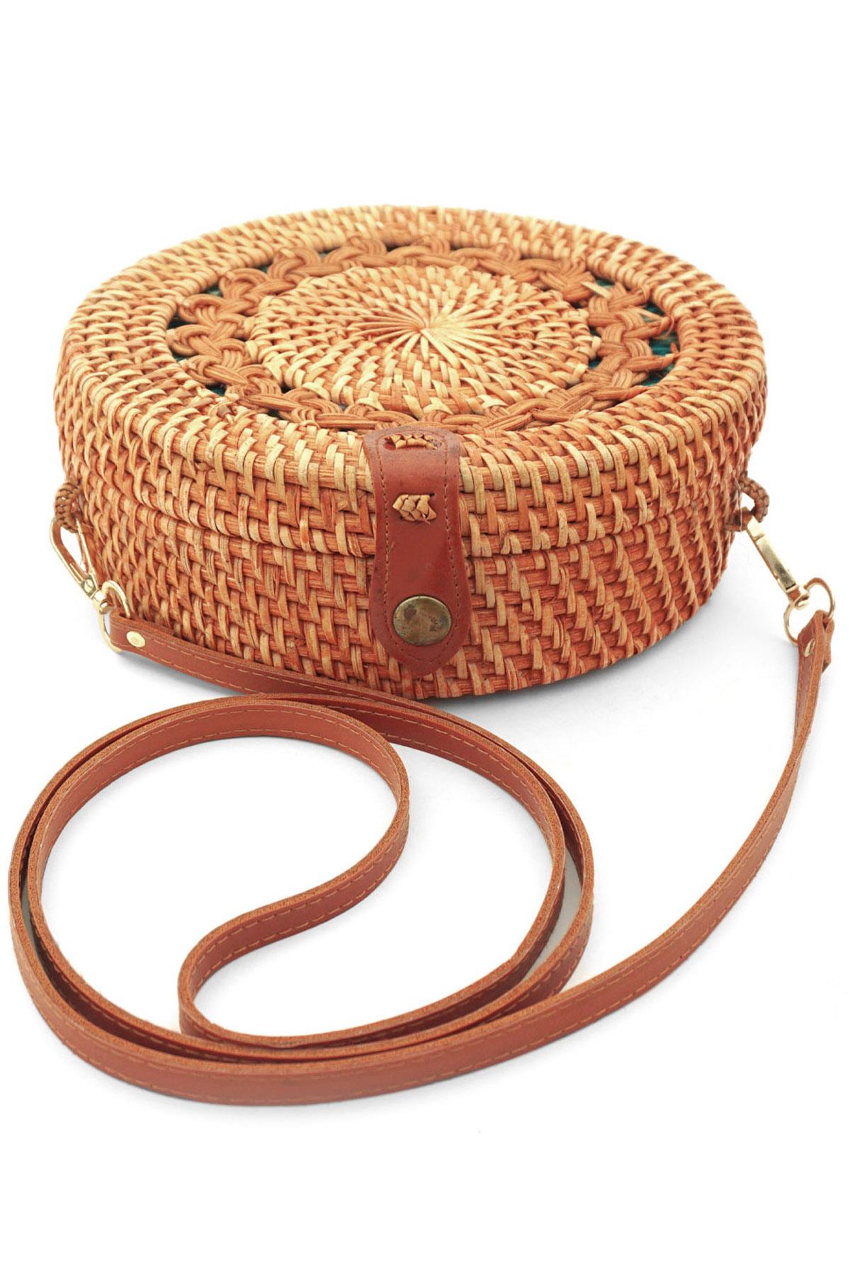 El Yapımı Hasır Rattan Desenli Yuvarlak Kutu Çanta KC105-HSDS