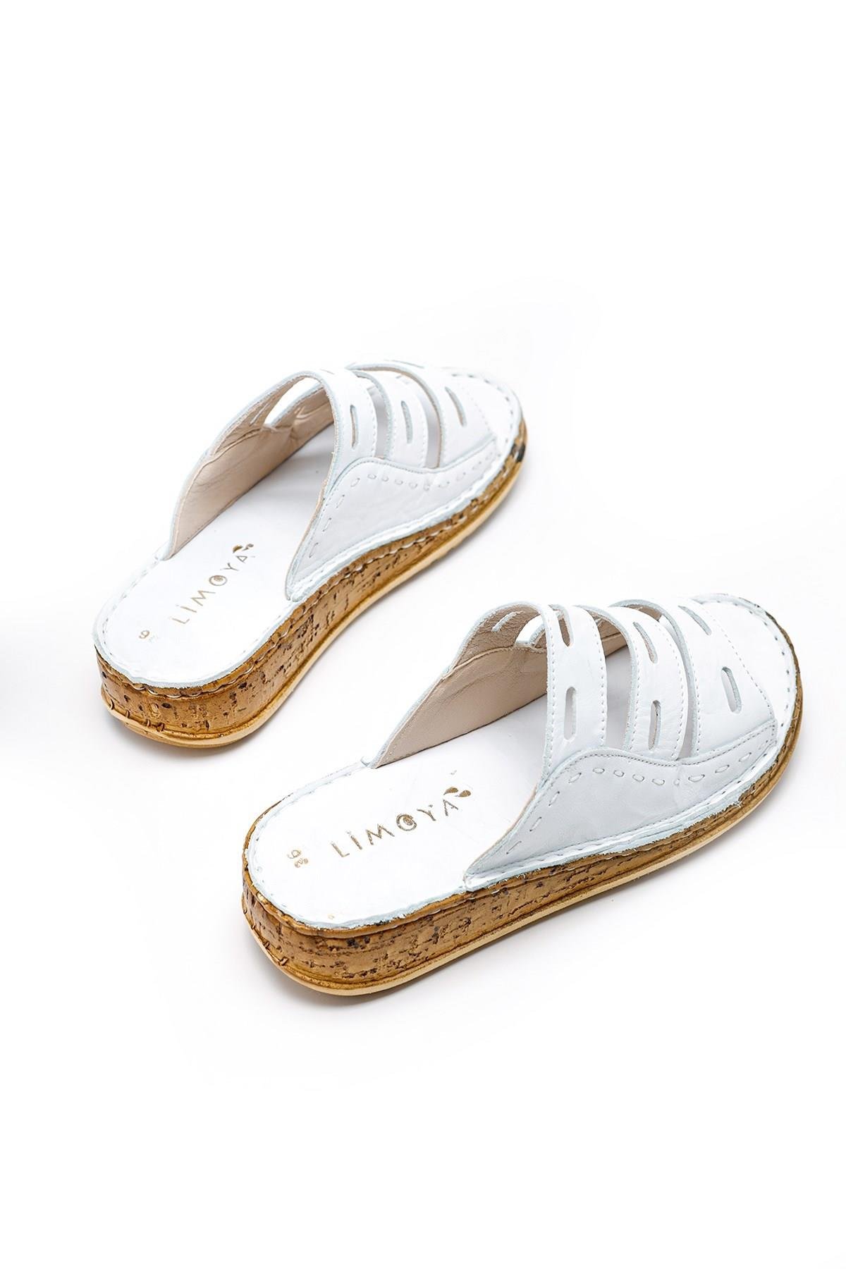 Hakiki Deri Joelle Beyaz Comfort Lazer Kesim Terlik