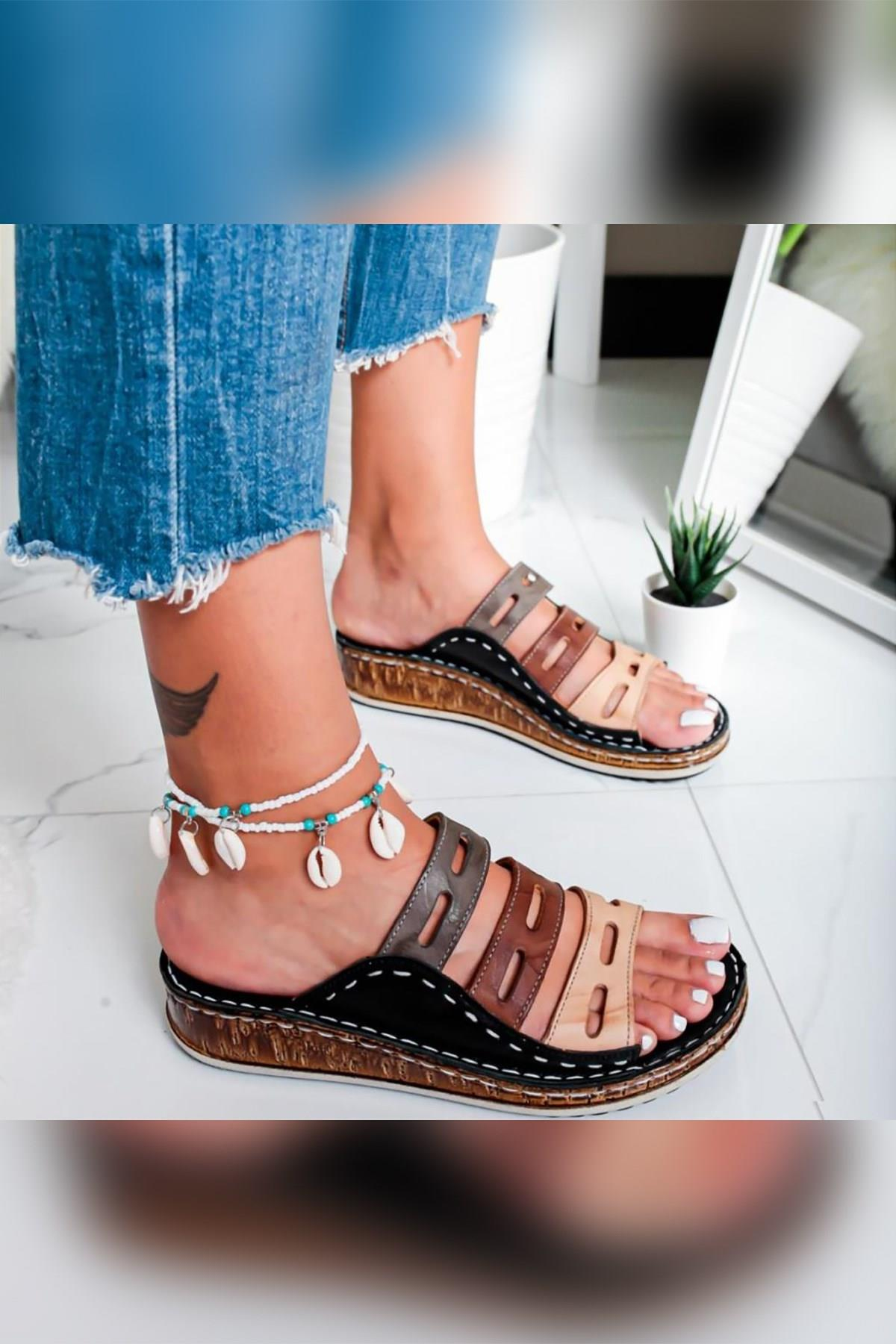 Hakiki Deri Joelle Siyah Comfort Lazer Kesim Terlik