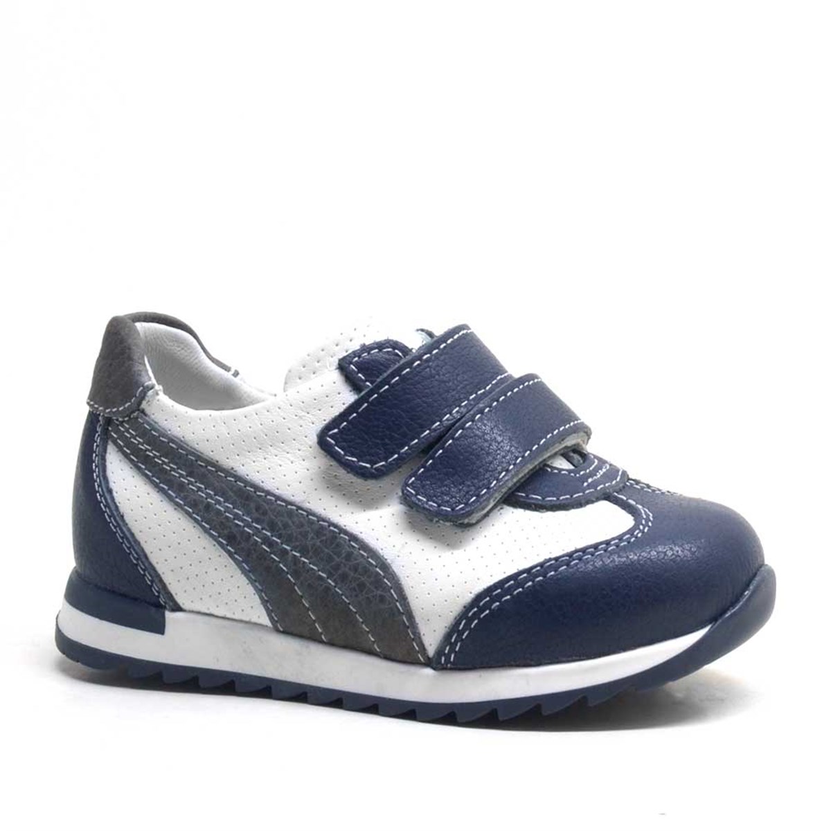 Hakiki Deri Lacivert Gri Cırtlı Erkek Bebek Spor Ayakkabı