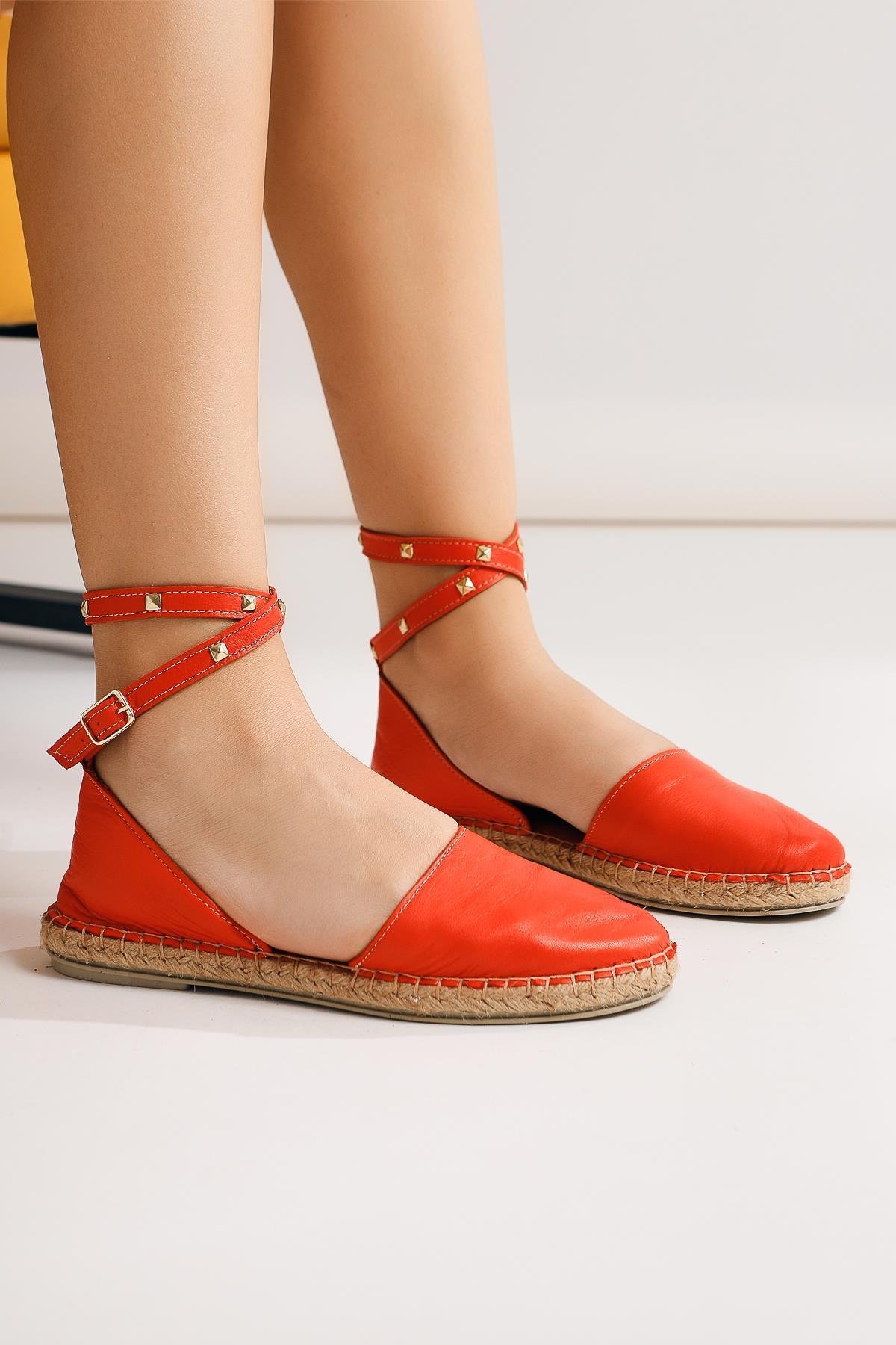 Hakiki Deri Maritsa Kırmızı Sandalet