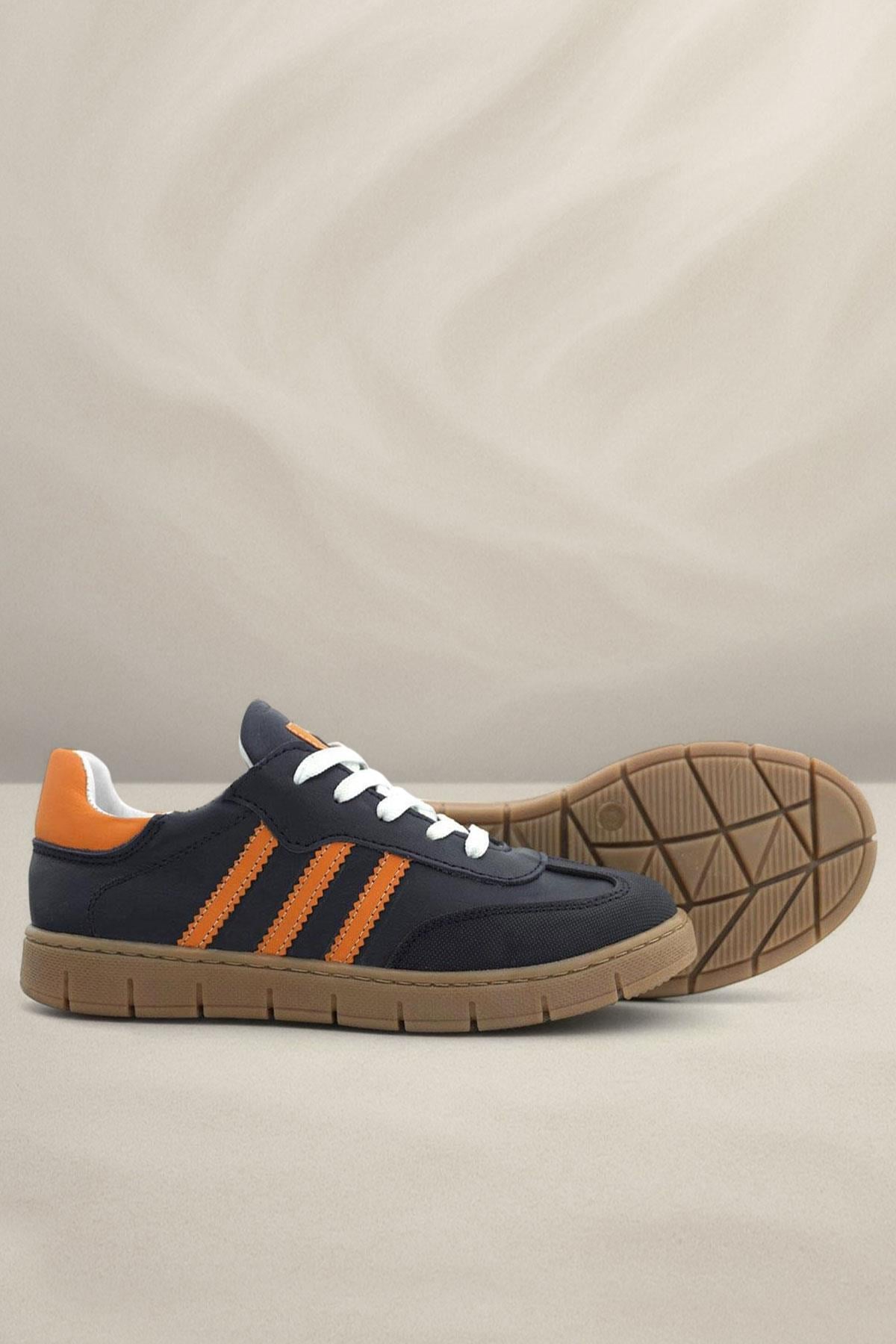 Genuine Leather Navy Blue Orange Lace-Up Zippered Kids Sneakers Shoes