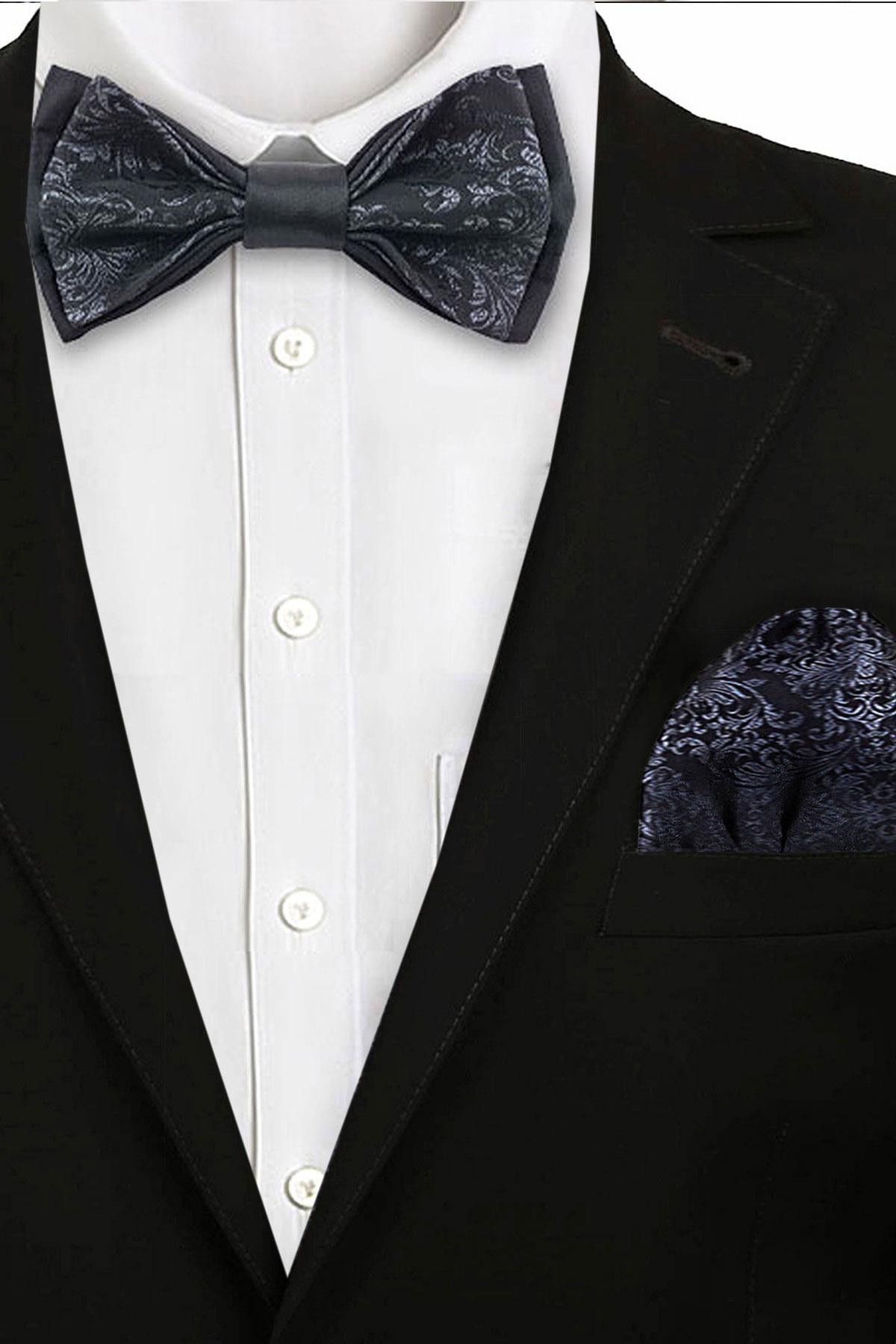 Siyah Jakarlı Ayarlanabilir Saten Çocuk Papyon ve Mendil Seti