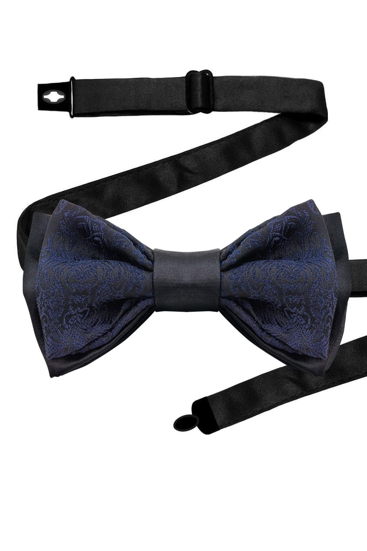Lacivert Jakarlı Ayarlanabilir Saten Çocuk Papyon ve Mendil Seti