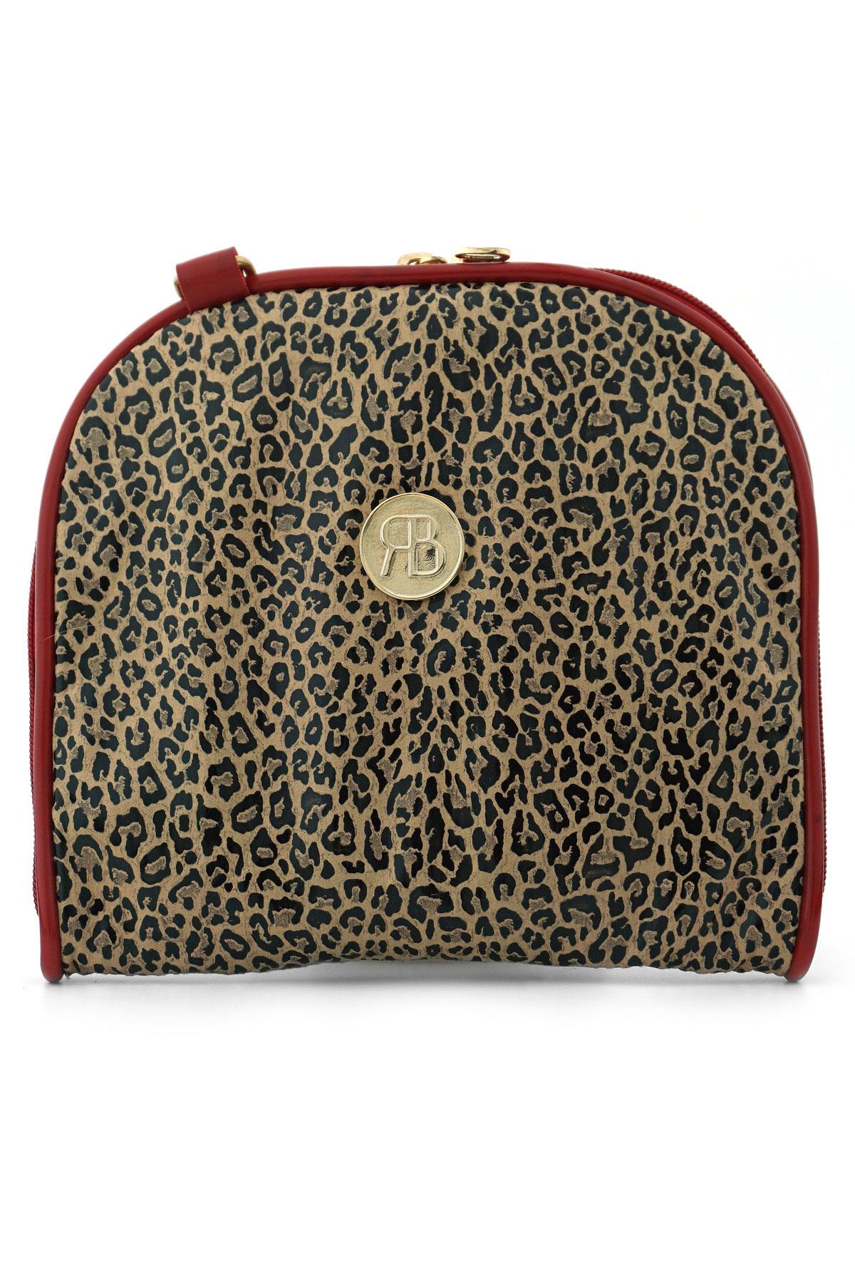 Kahverengi Leopar Desenli Kırmızı Çift Ebat Portatif Alışveriş Çantası