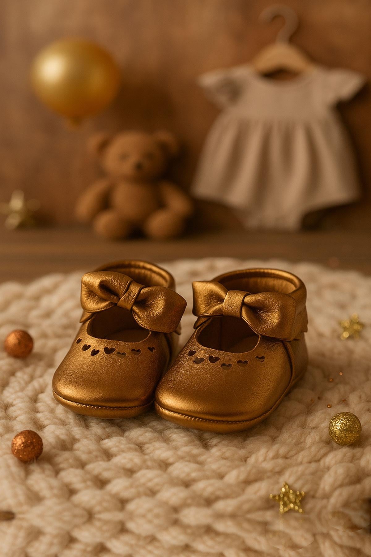 Coco Genuine Leather Copper Bow Elastic Baby Bootee