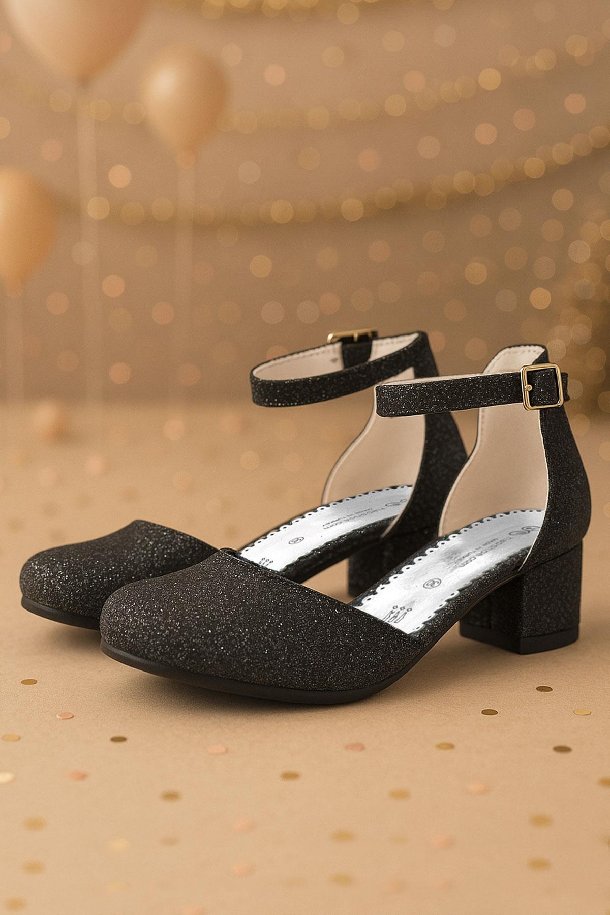 Merida Black Silvery Thick Heels Girls Heeled Shoes