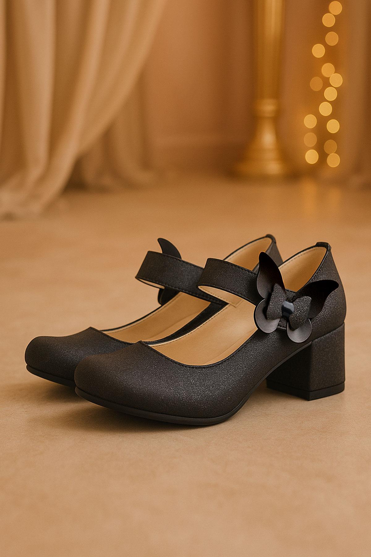 Winx Siyah Işıltılı Kelebekli Kız Çocuk Topuklu Ayakkabı