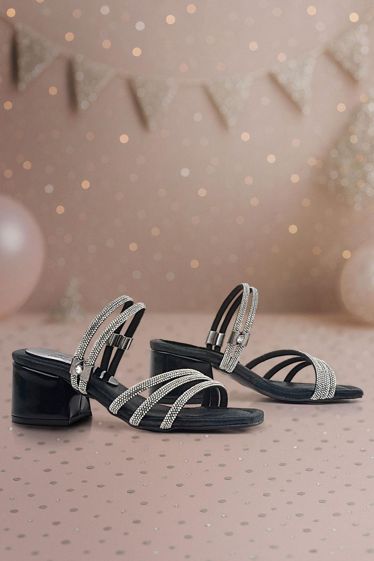 Judy Siyah Taşlı Kız Çocuk Topuklu Terlik Ayakkabı