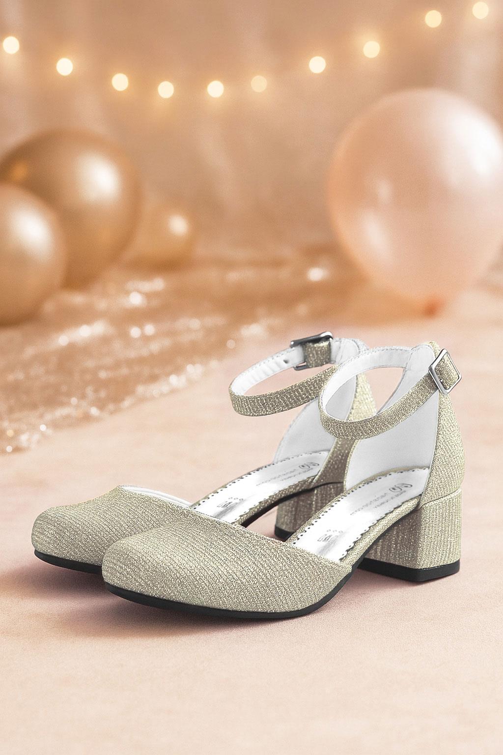 Merida Gold Silvery Thick Heels Girls Heeled Shoes