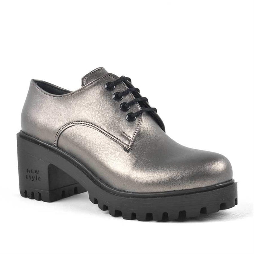 Platin Bağcıklı Topuklu Oxford Kadın Ayakkabı