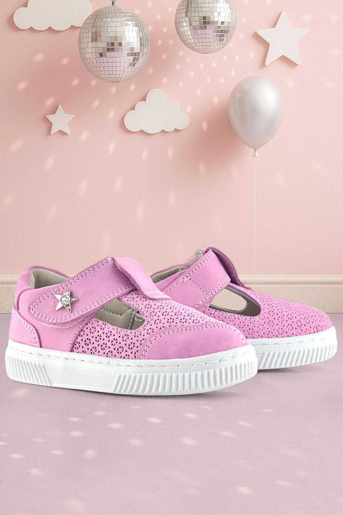 Rakerplus Bheem Hakiki Deri Pembe Cırtlı Yıldız Detaylı Bebek Sandalet R625-PNDT.25