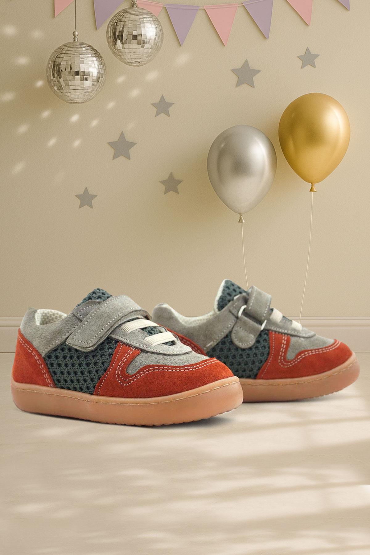 Rakerplus Bob Hakiki Deri Gri Yeşil Barefoot Cırtlı Lastikli Bebek Sneaker Ayakkabı