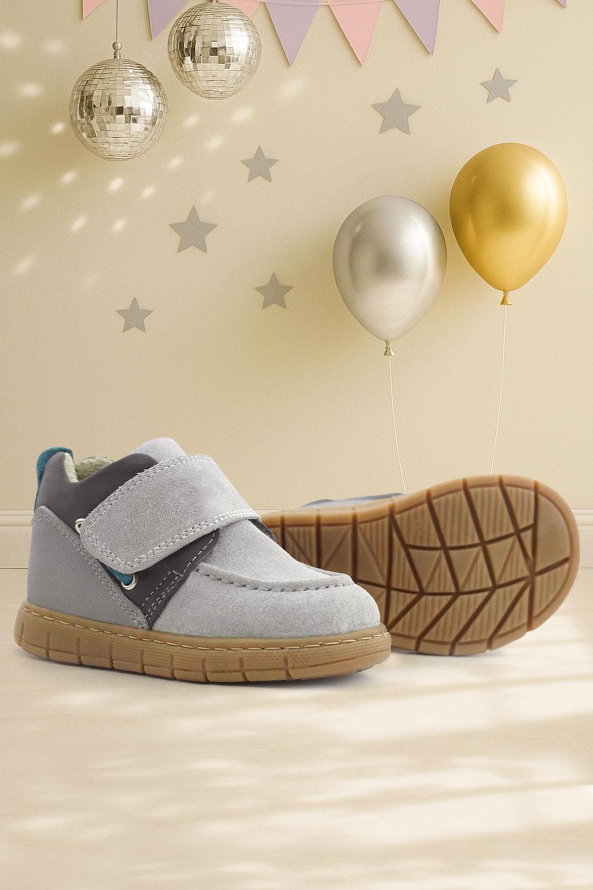 Rakerplus Hakiki Deri Açık Gri Mavi Cırt Cırtlı Bebek Bot