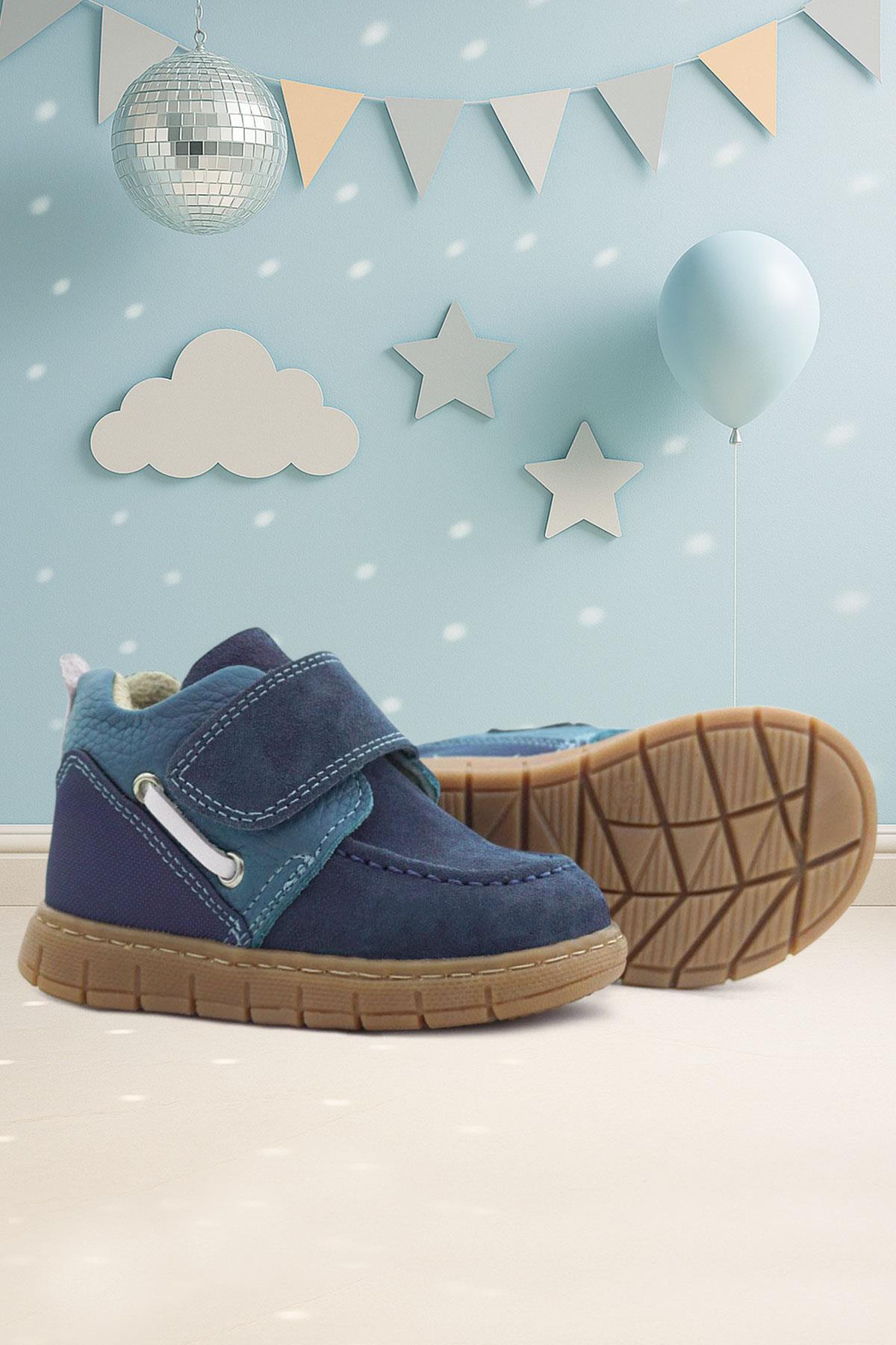 Rakerplus Hakiki Deri Mavi Cırt Cırtlı Bebek Bot