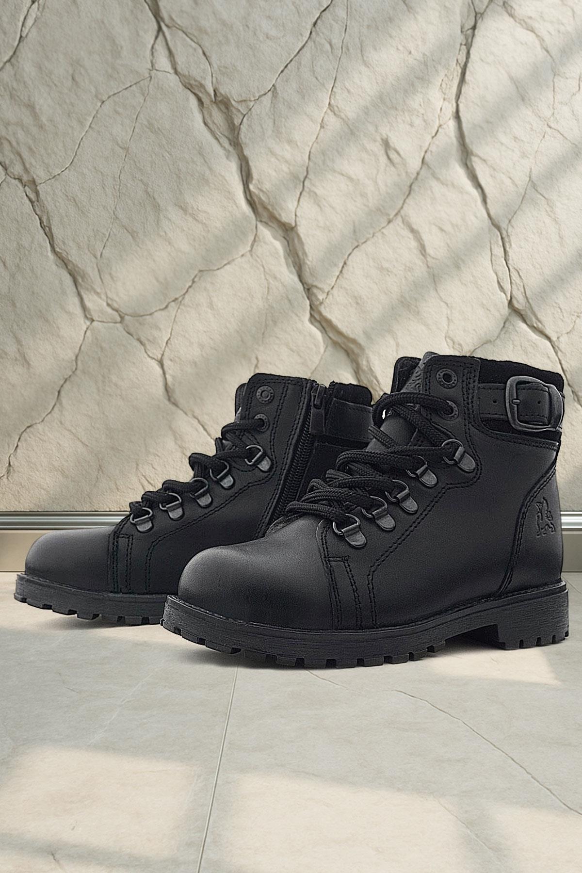 Hakiki Deri Siyah Gerçek Kürklü Bağcıklı Fermuarlı Çocuk Botu