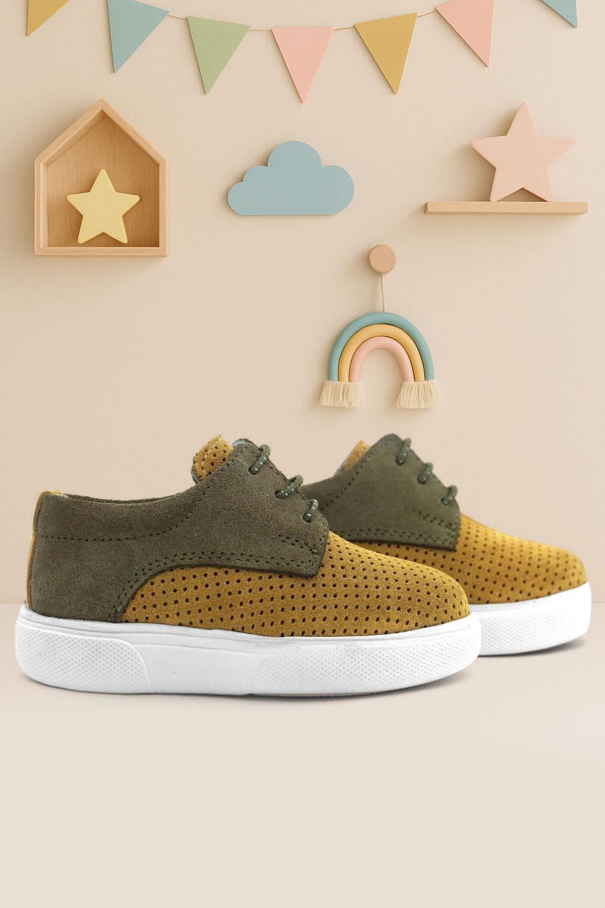 Rakerplus Genuine Leather Mustard Yellow Khaki Lace-Up Boy's Casual Shoes