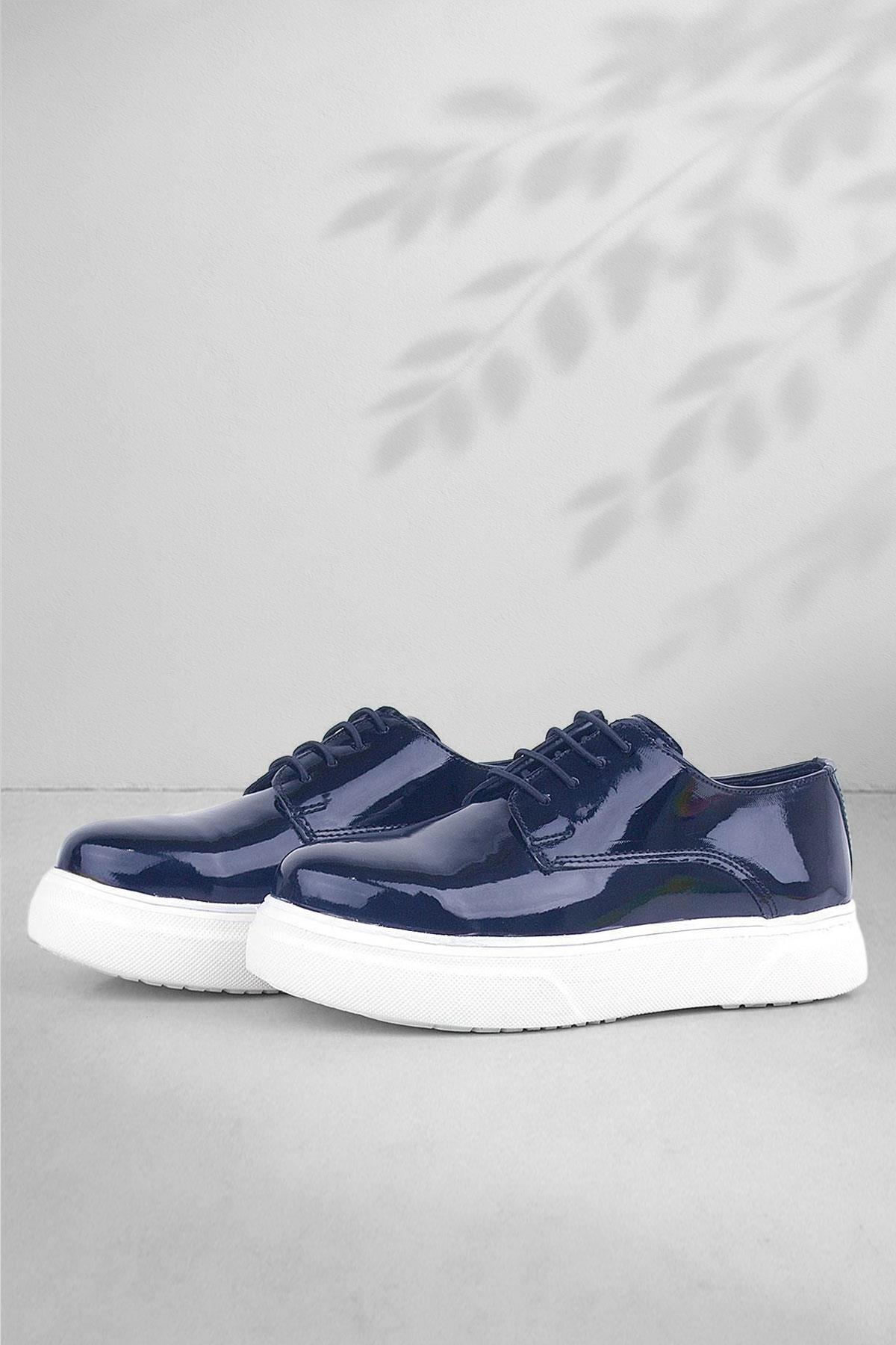 Rakerplus Derby Navy Blue Patient Leather White Sole Kids Classic Shoes