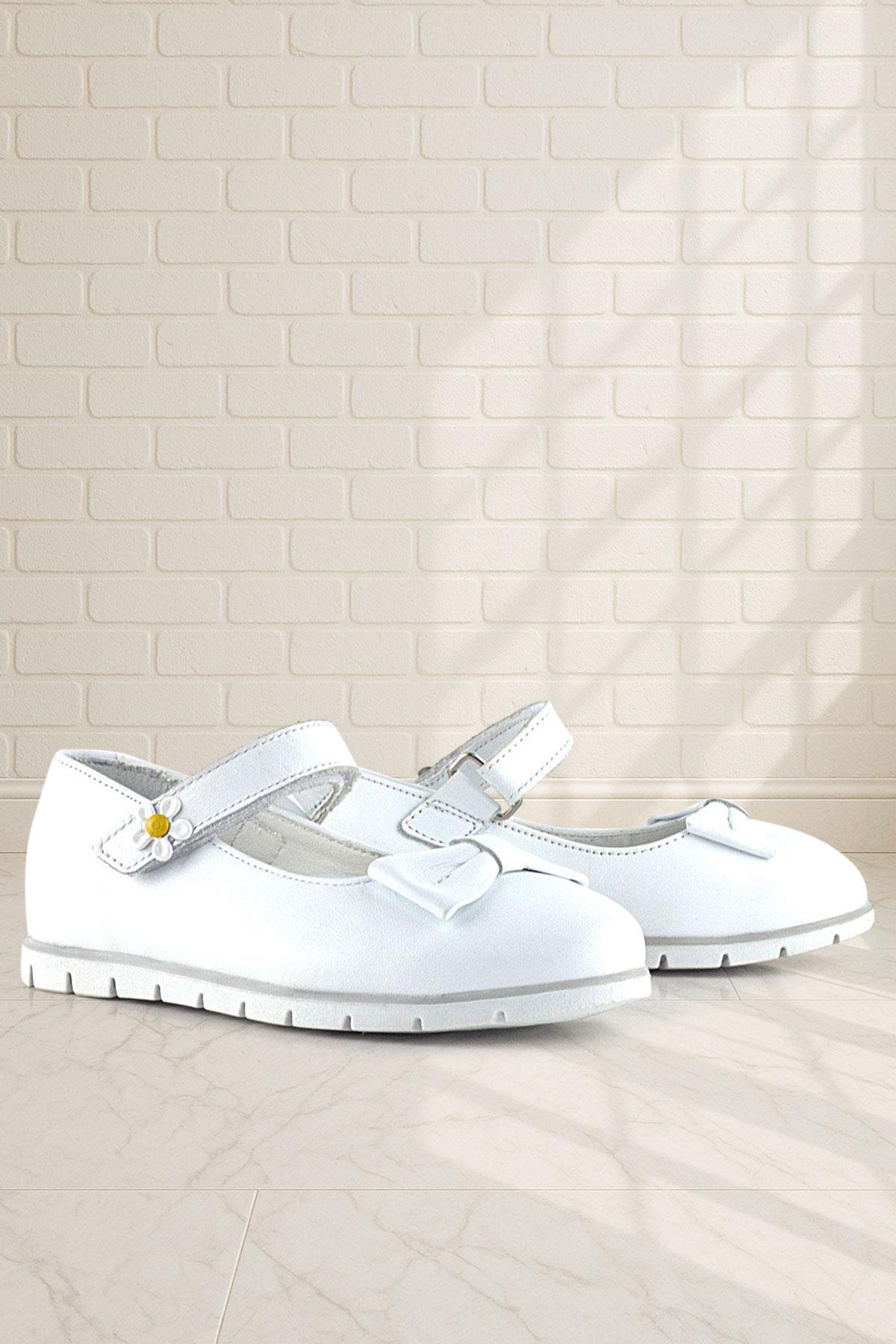 Rakerplus Genuine Leather White Daisy Detailed Velcro Girls Ballerina Shoes 100-B1DTX-DERI.30