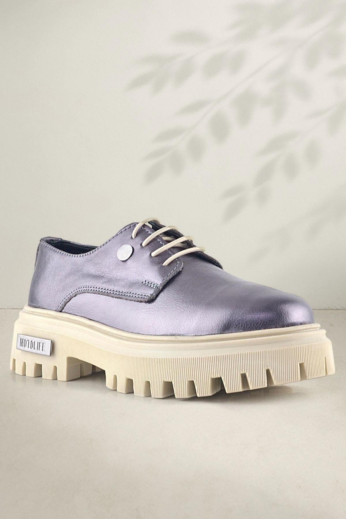 Rakerplus Platinum Genuine Leather Metal Detailed Lace Up Casual Oxford Shoes