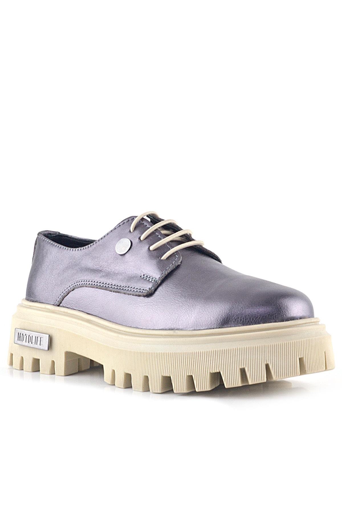 Rakerplus Platin Hakiki Deri Metal Detaylı Bağcıklı Günlük Oxford Ayakkabı