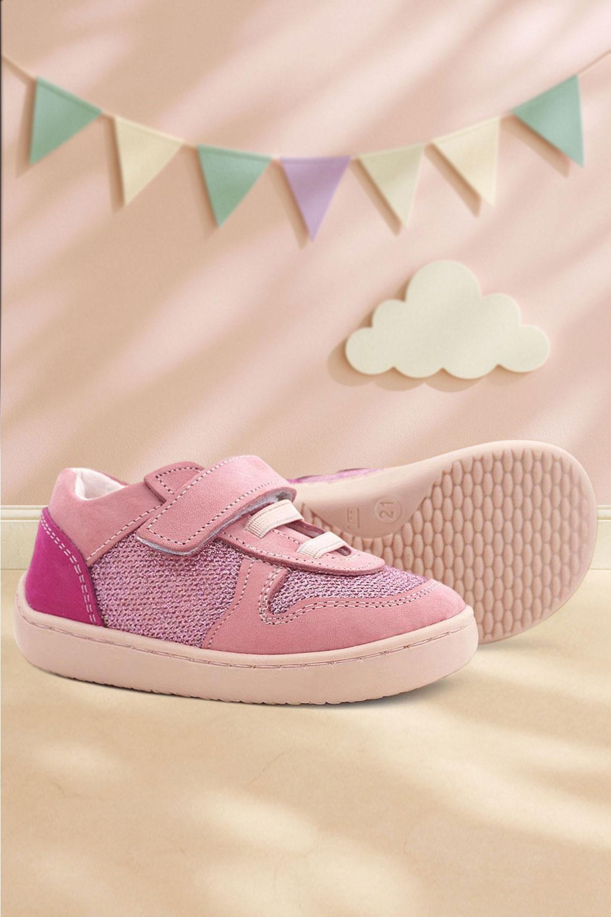 Rakerplus Bob Genuine Leather Pink Glittery Barefoot Velcro Elastic Baby Sneakers