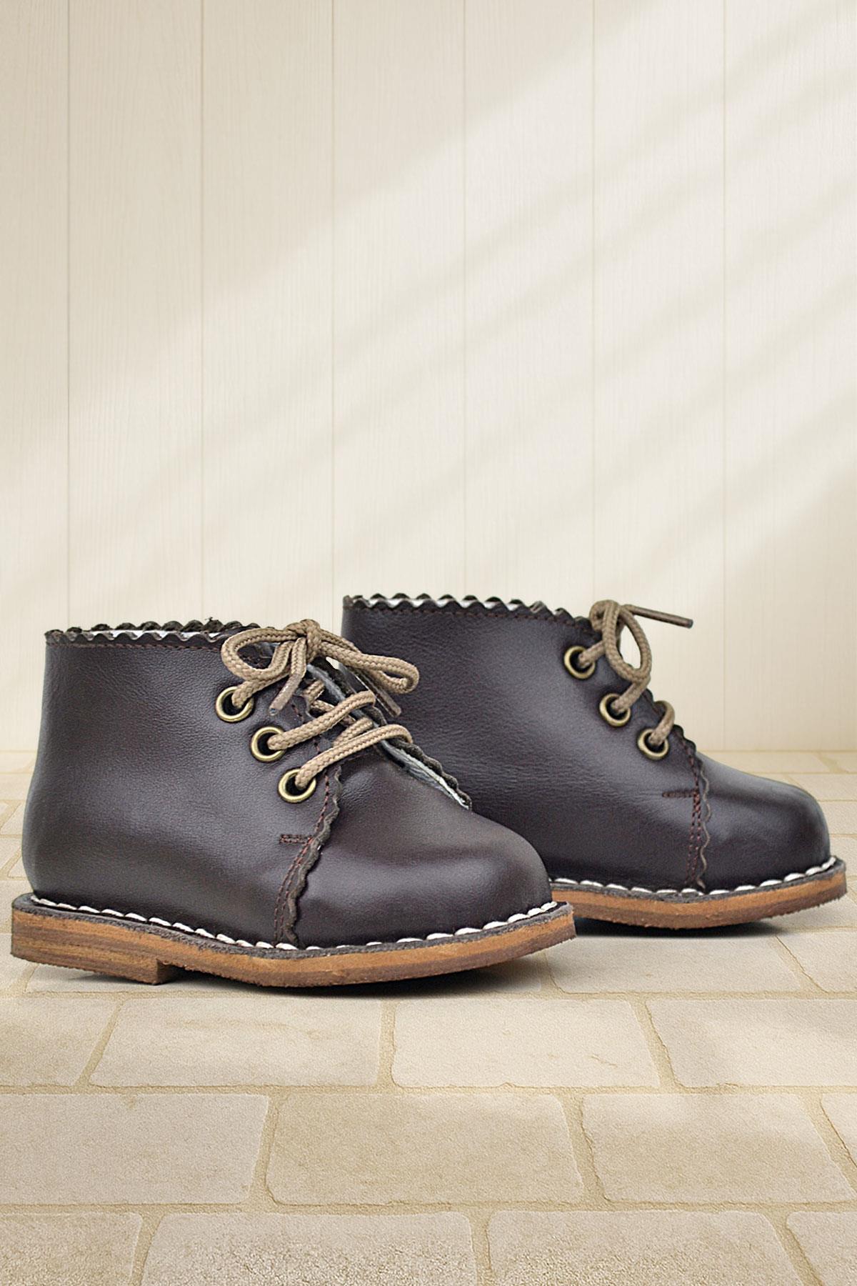 Rakerplus Handmade Hakiki Deri Kahverengi Bağcıklı Kız Bebek Bot