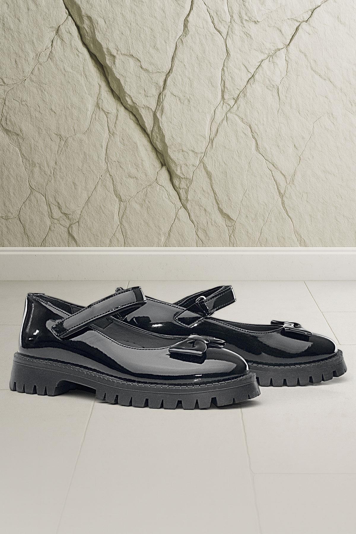 Rakerplus Black Patent Leather Thick Sole Velcro Girls' Ballerinas