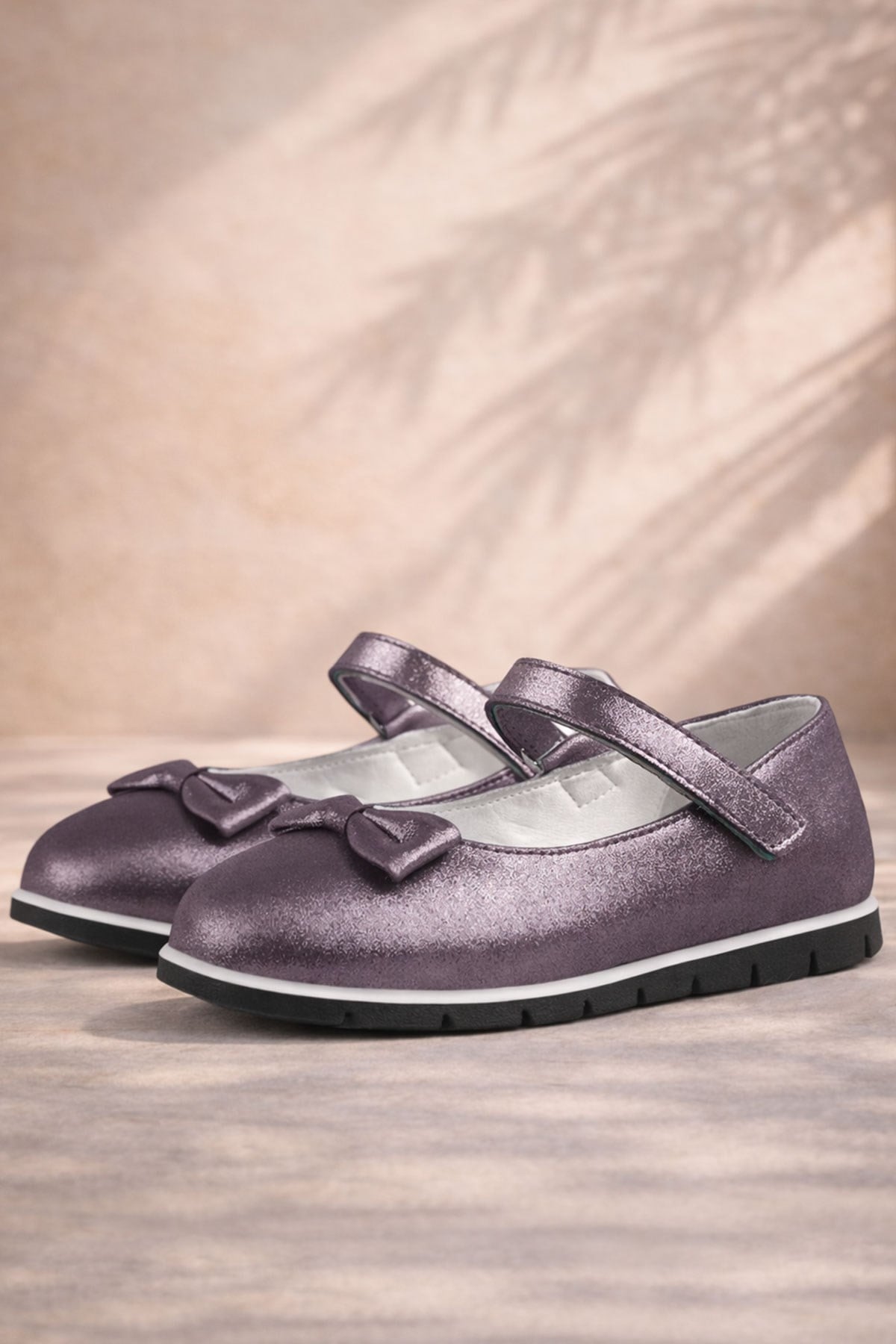 Rakerplus Genuine Leather Anthracite Gray Girls' Flat Shoes with Velcro