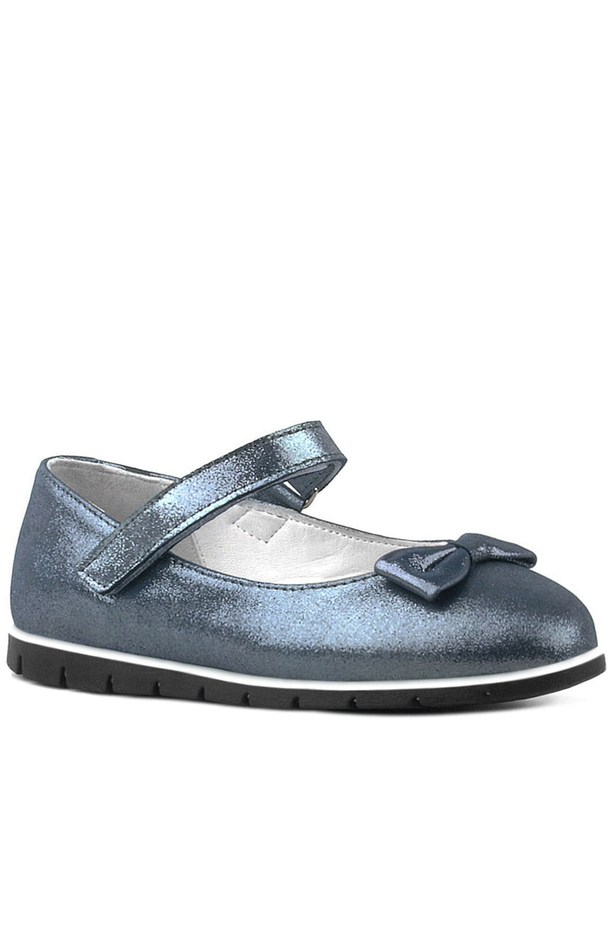 Rakerplus Genuine Leather Anthracite Navy Blue Bow Tie Girls' Flat Shoes