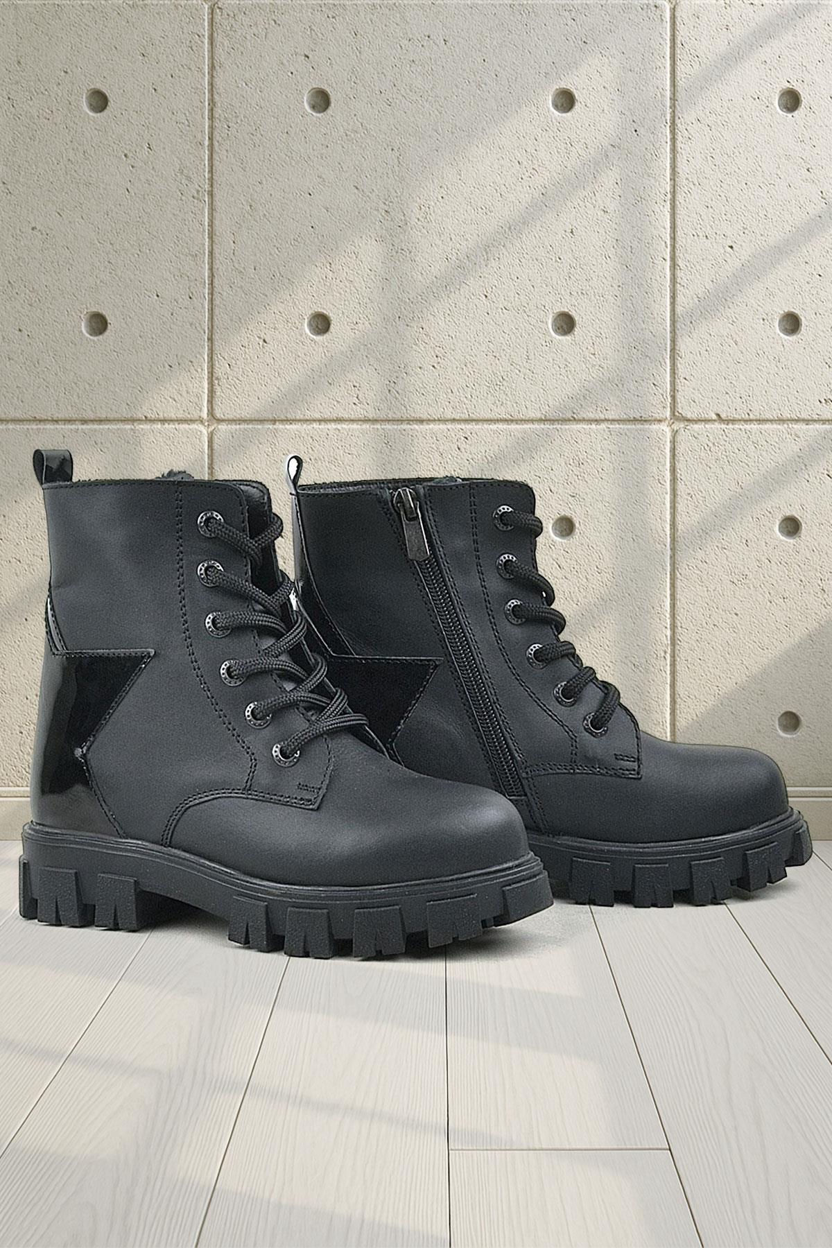 Rakerplus Hakiki Deri Siyah Yıldız Detaylı Kız Çocuk Bot