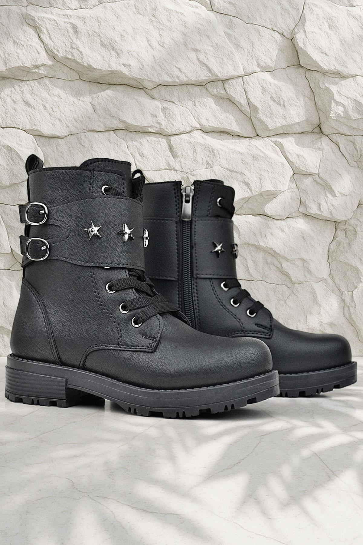 Rakerplus Black Lace-up Zippered Girls' Boots with Star Detail
