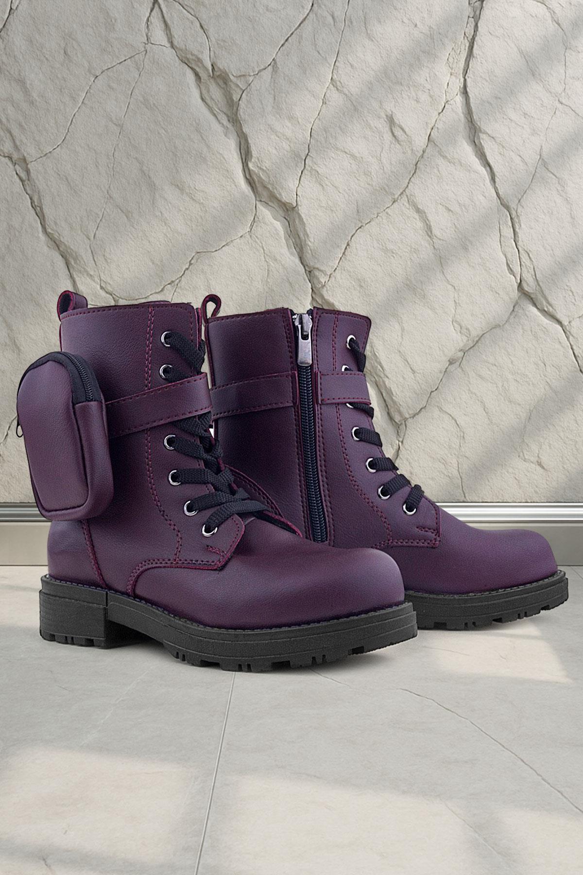 Rakerplus Bordo Fermuarlı Bağcıklı Cüzdanlı Kız Çocuk Bot