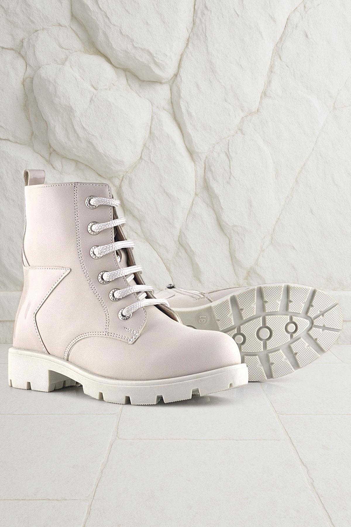 Rakerplus Krem Yıldız Detaylı Bağcıklı Fermuarlı Kız Çocuk Bot