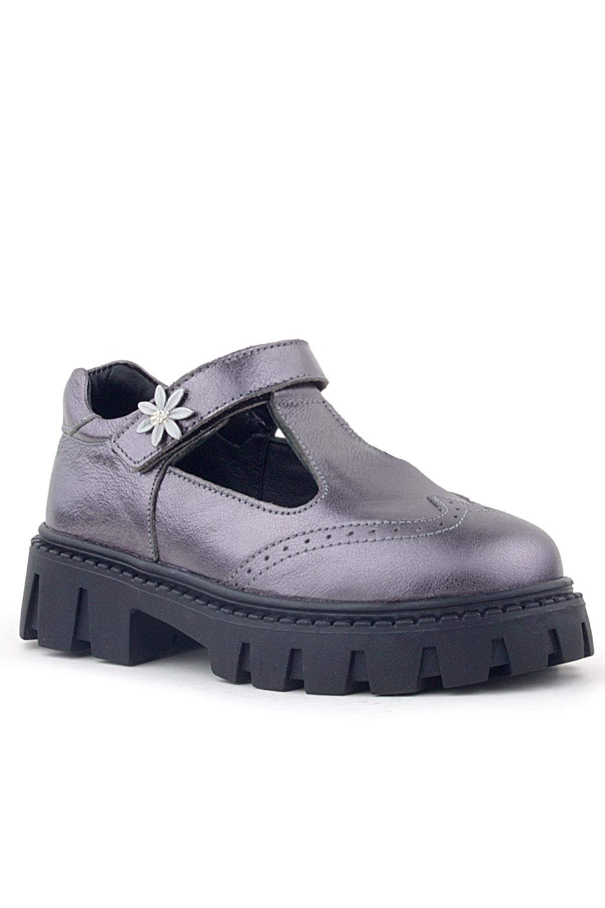 Rakerplus Hakiki Deri Platin Çiçek Detaylı Cırtlı Kız Çocuk Okul Ayakkabı