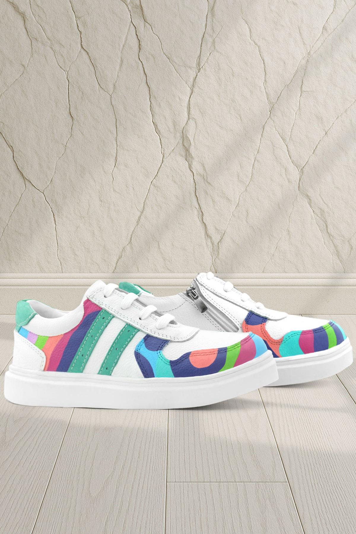 Rakerplus Tbons Özel Tasarım Hakiki Deri Beyaz Yeşil Bağcıklı Fermuarlı Çocuk Sneaker 3701-BYTB.39