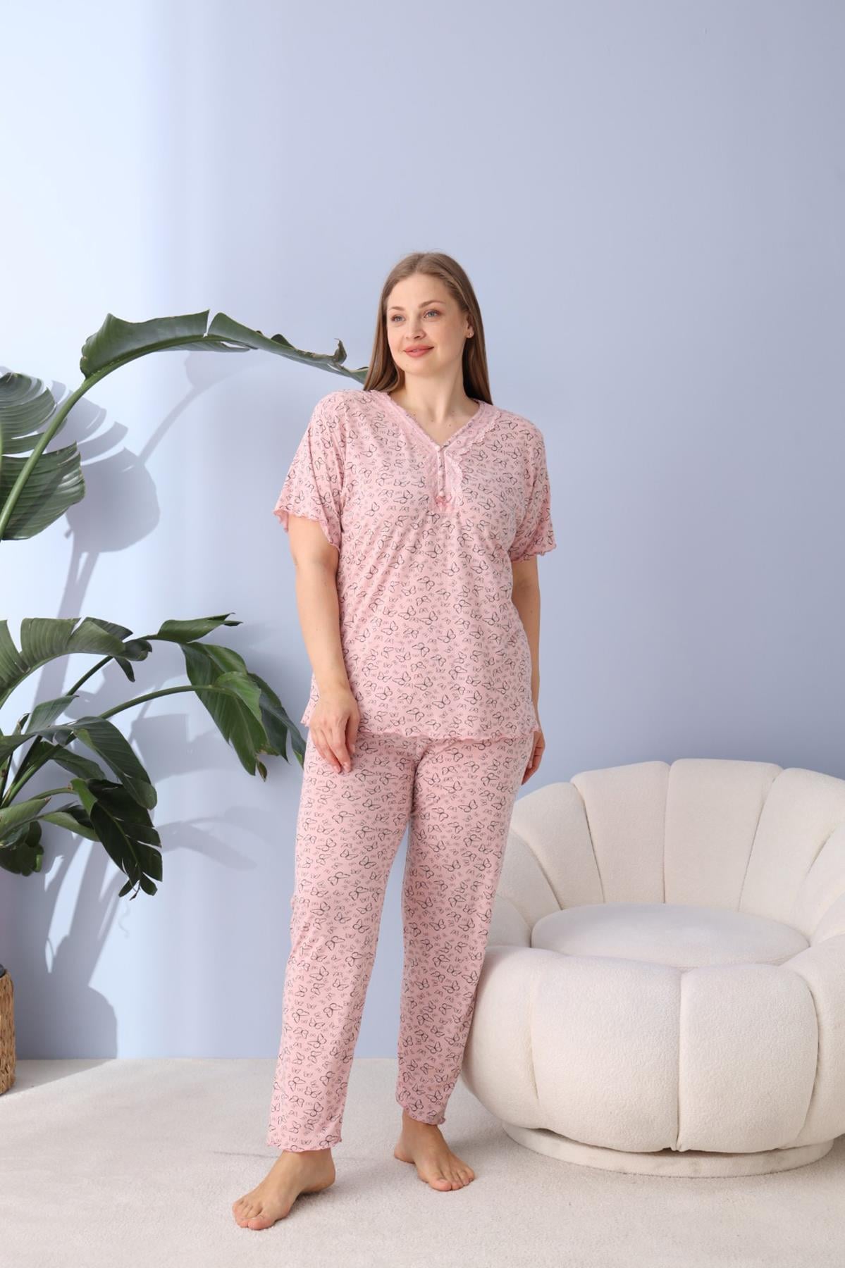 %100 Pamuklu Kısa Kollu Büyük Beden Kadın Pijama Takımı 50170