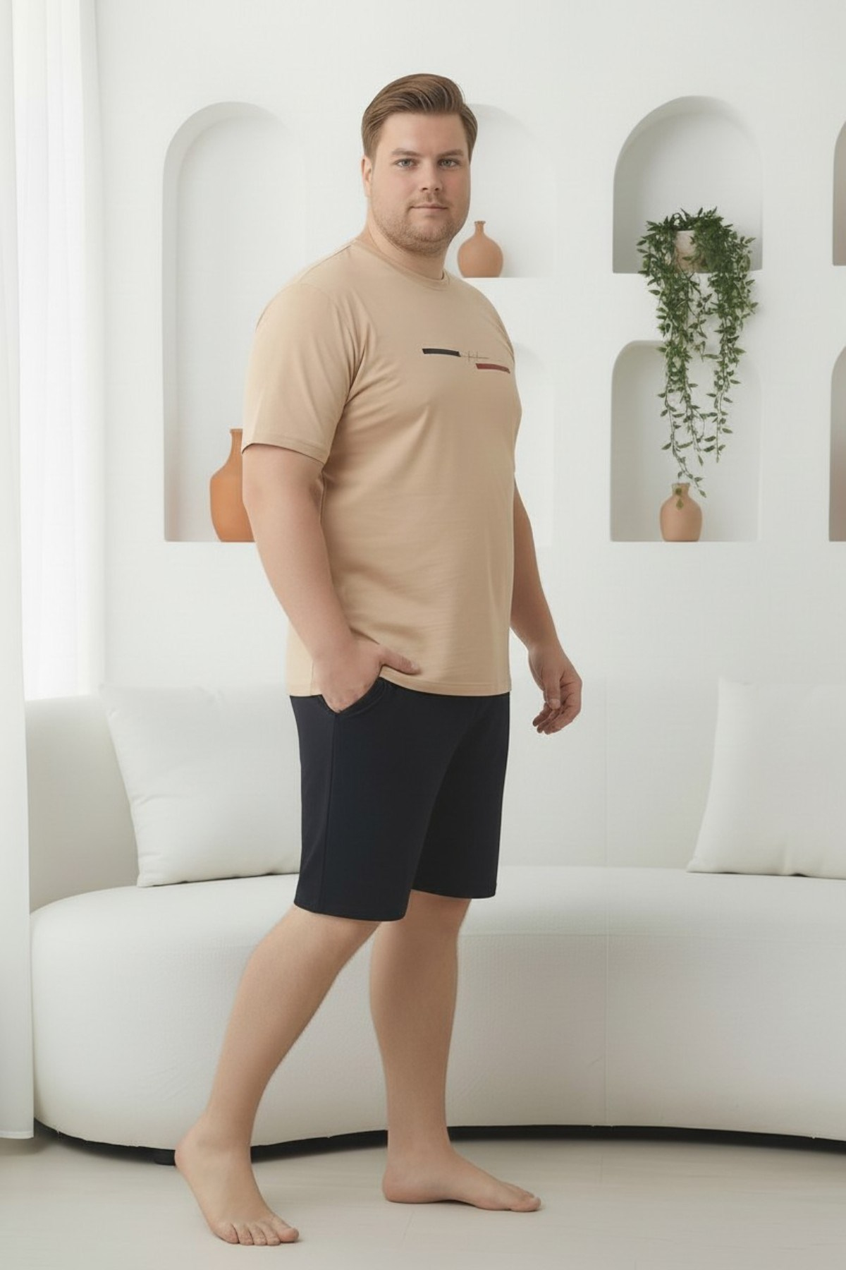 %100 Pamuklu Kısa Kollu Cepli Büyük Beden Erkek Şortlu Pijama Takımı 2035