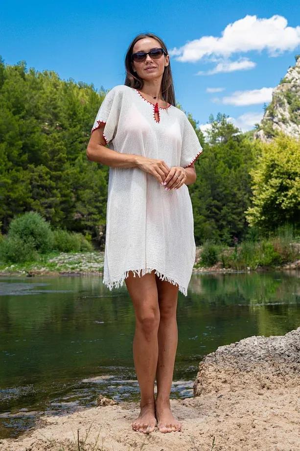 Geniş Kesim Plaj Elbisesi, %100 Pamuk, El Yapımı İğne Oyalı, Püsküllü, İnce Ve Özel Dokuma