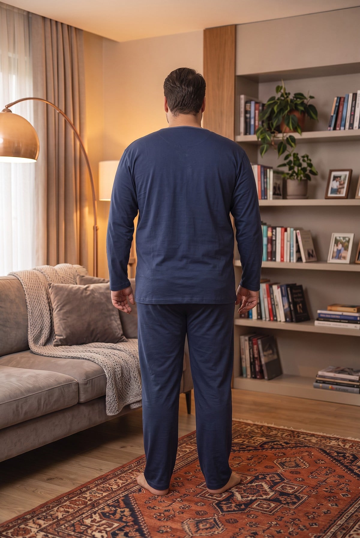 İnterlok Kumaş Önden Düğmeli Uzun Kollu Büyük Beden Erkek Pijama Takımı 8586
